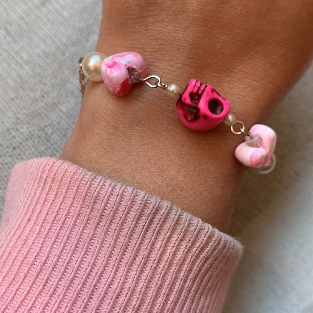 💖 Handmade Pink Skull & Heart & Pearls Bracelet and Earrings Set